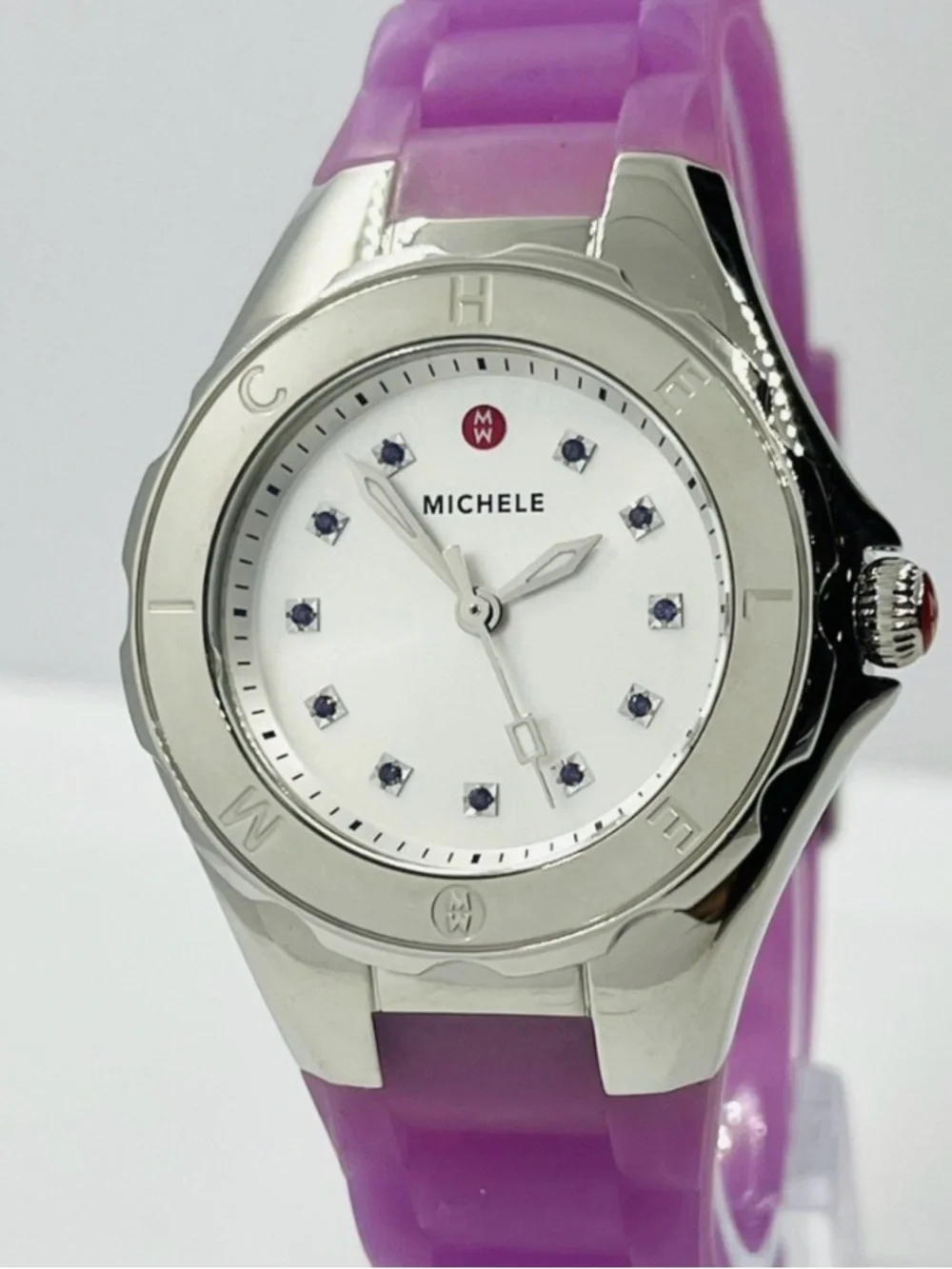 Michele Silver Case Watch with Purple Silicone Strap